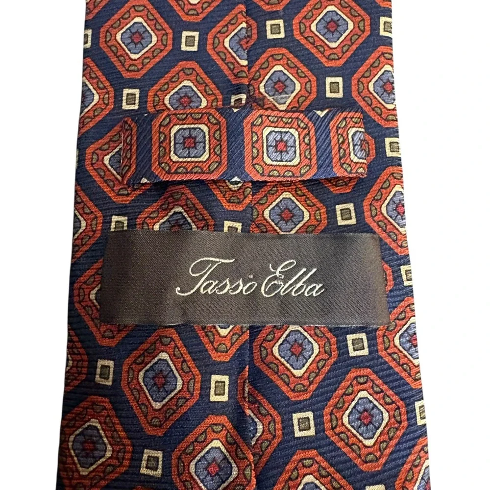 Tasso Elba 100%‎ Silk Tie Geometric Red Navy Diamond Pattern 60